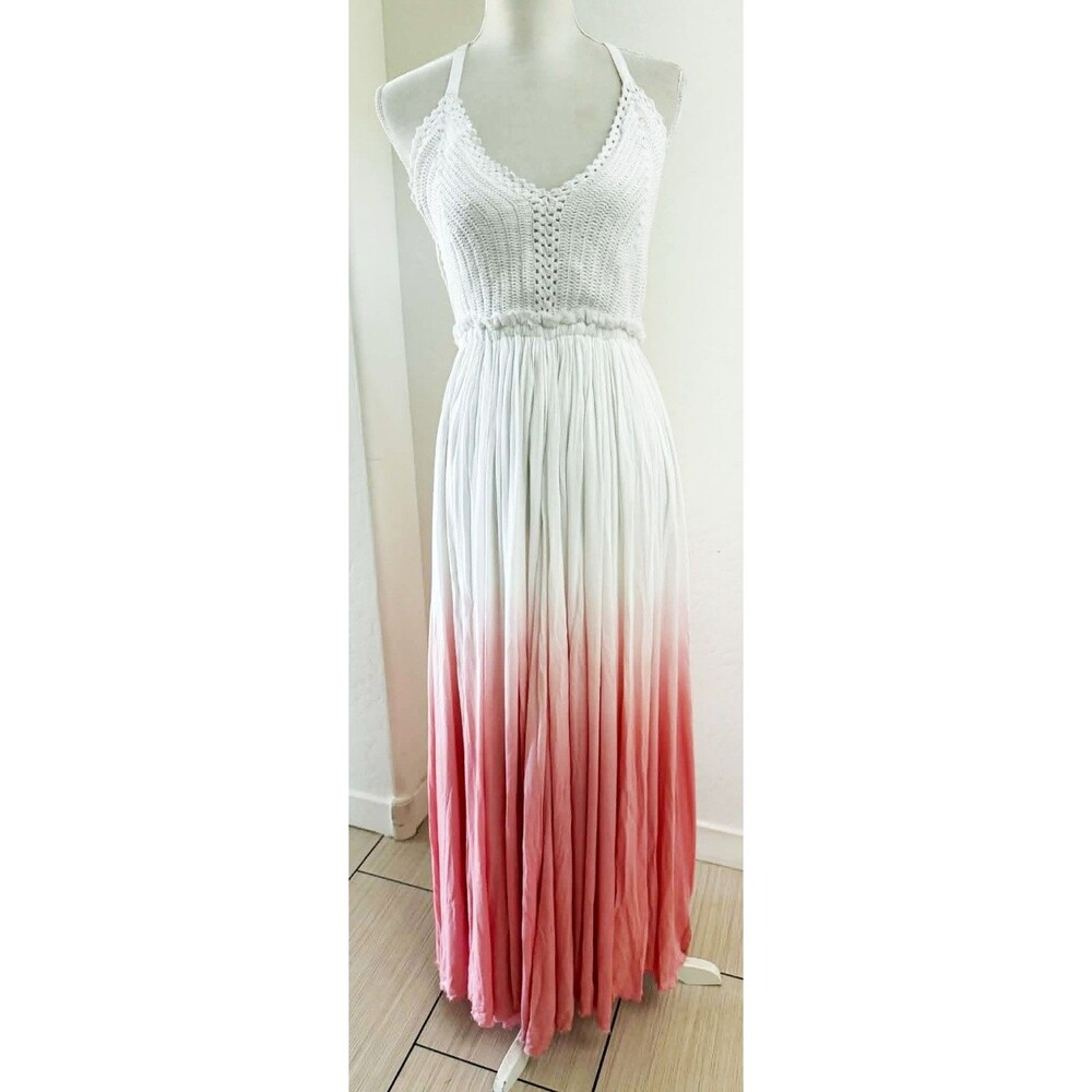 RAGA Small Flowy Dress Maxi Crochet Ombre White Pink Women's Anthropologie